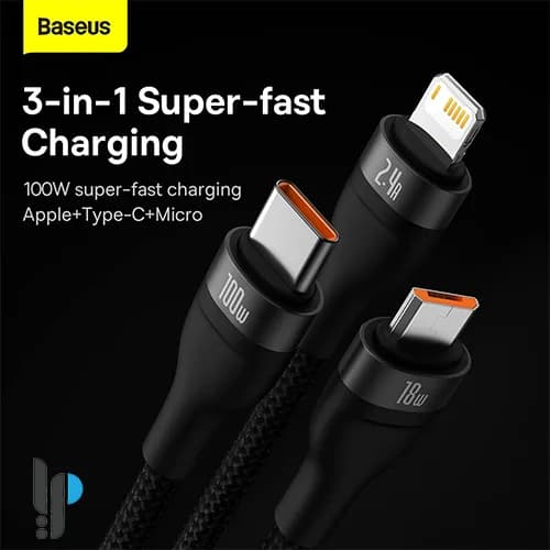 کابل تبدیل USB به لایتنینگ / USB-C / microUSB بیسوس مدل Flash Series II طول 1.2 متر 100 وات — تصویر ۳