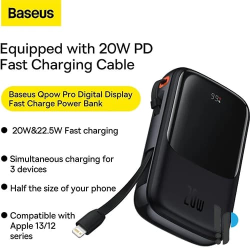 پاوربانک 20 واتی بیسوس مدل Baseus Qpow Pro ظرفیت 10000 میلی‌ آمپر با کابل Lightning — تصویر ۵