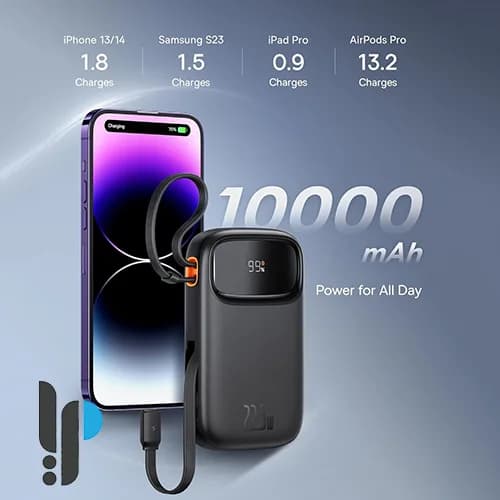 پاوربانک 22.5 واتی بیسوس مدل QPow2 Dual Cable ظرفیت 10000 میلی آمپر ساعت — تصویر ۴