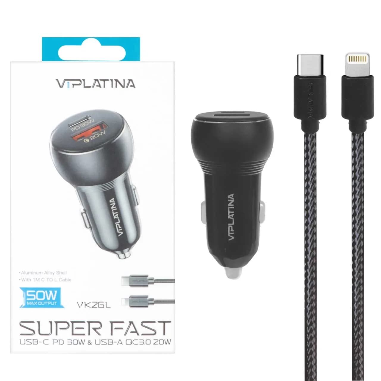 شارژر فندکی (PD و فست-دو پورت) وی آی پلاتینا 50وات مدل VK26L به همراه کابل شارژ Type-C To Lightning