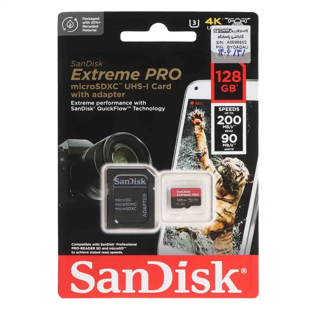 کارت حافظه adapter & microSDXC سن دیسک مدل Extreme Pro UHS-I U3 ظرفیت 128 گیگابایت