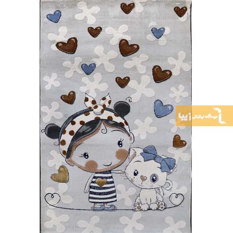 فرش کودک طوسی طرح گربه 440 شانه