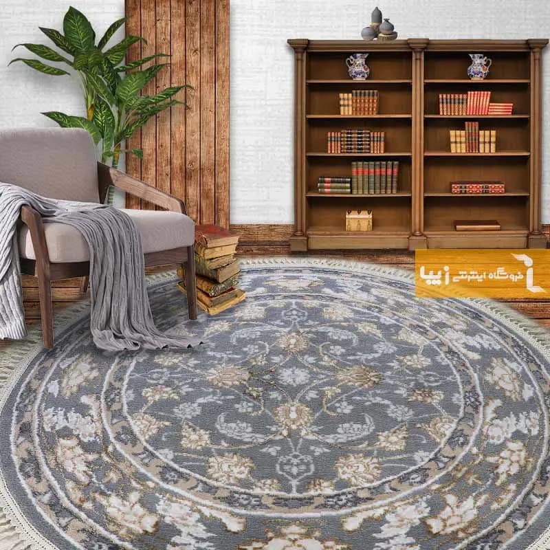 فرش گرد طوسی طرح زنبق — تصویر ۲