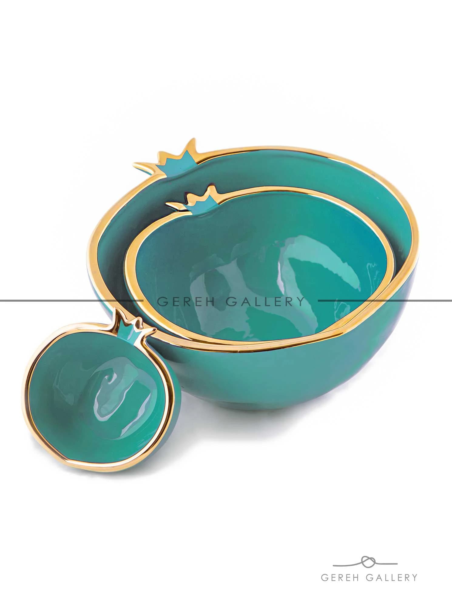 کاسه سرامیکی انار سه پر دور طلا آبی فیروزه ای