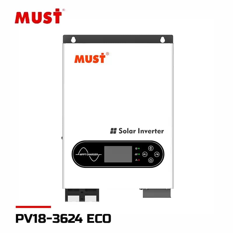 سانورتر 3.6 کیلووات 24 ولت برند MUST مدل PV18-3624 ECO با شارژر 100 آمپر MPPT