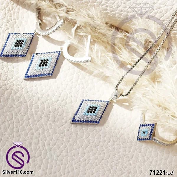 نیم ست نقره زنانه چشم و نظر مدل لوزی کد 71221 — تصویر ۳