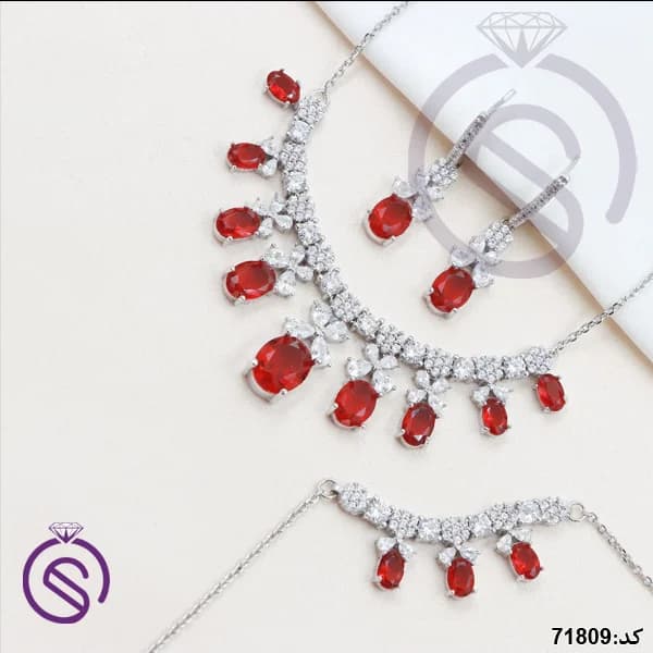 سرویس نقره زنانه نگین کریستال قرمز کد 71809