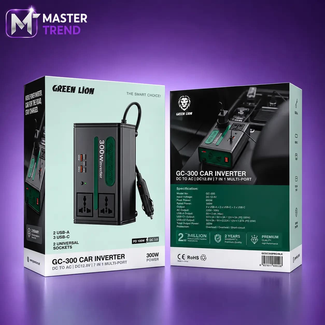 اینورتر خودرو گرین لاین مدل GC-300 توان 300 وات، 7 در 1 با 2 پریز AC و 5 خروجی USB