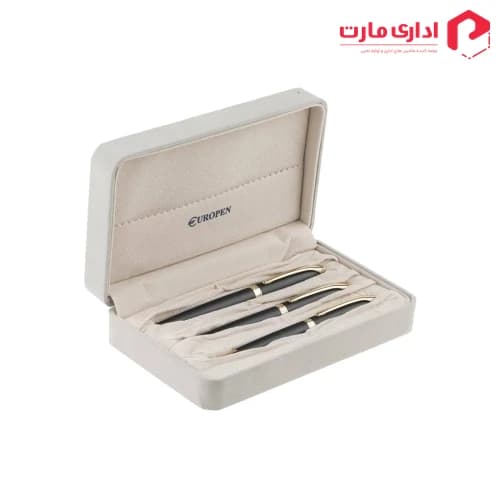 ست خودکار و خودنویس و روان نویس یوروپن مدل Ring طرح مشکی مات گیره زرد — تصویر ۵