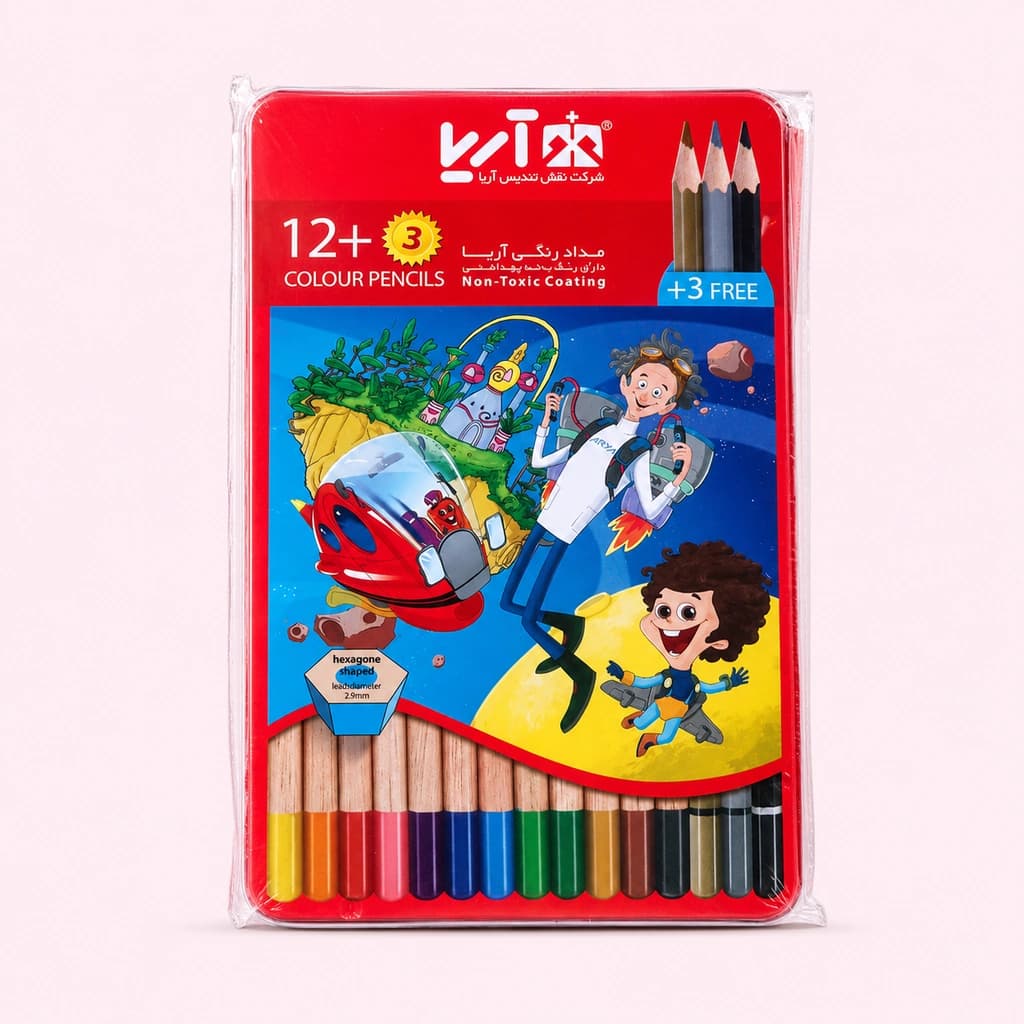 مداد رنگی آریا مدل 3021 جعبه فلزی ۱۲ رنگ مدل فضایی