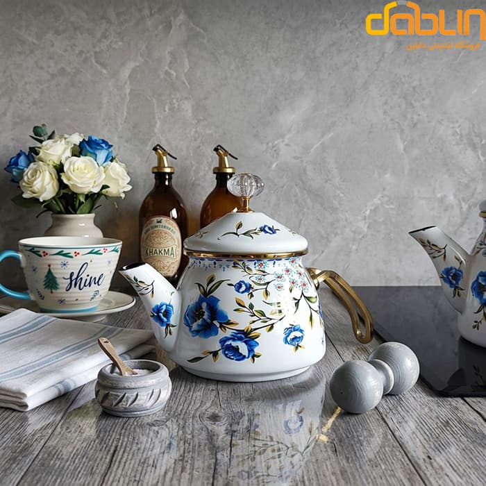 کتری و قوری شاهین Shahin طرح گلدار آبی — تصویر ۶