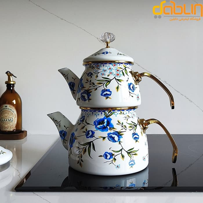 کتری و قوری شاهین Shahin طرح گلدار آبی — تصویر ۲