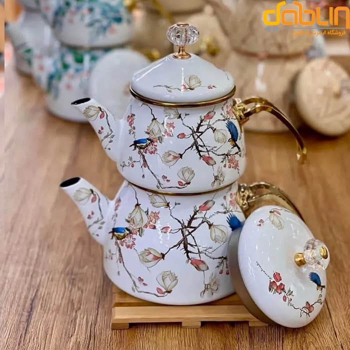 کتری و قوری لعابی طرح گنجشک صورتی شاهین دسته استیل طلایی — تصویر ۲