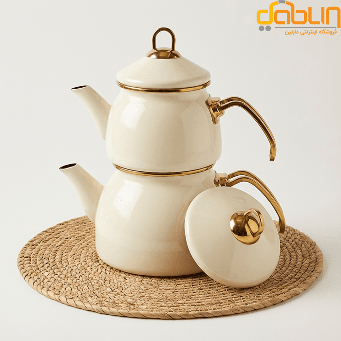 کتری و قوری لعابی کرم شاهین دسته استیل طلایی — تصویر ۲