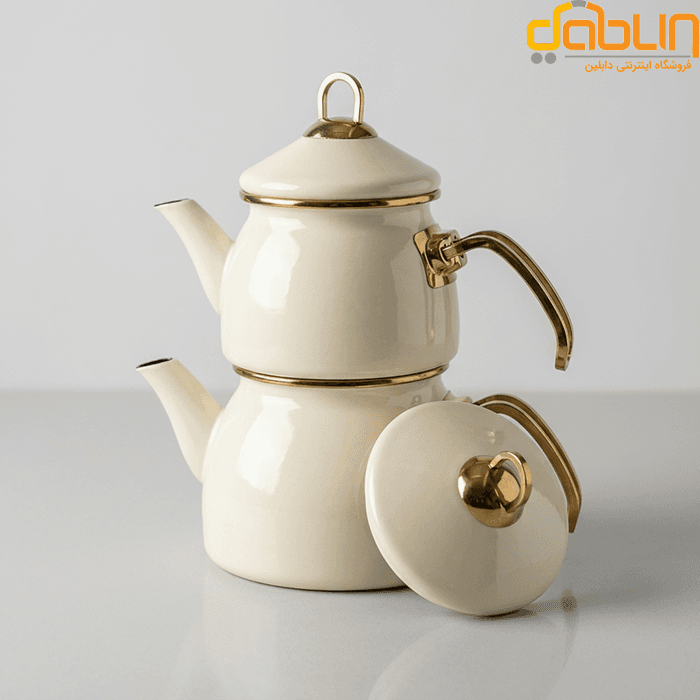 کتری و قوری لعابی کرم شاهین دسته استیل طلایی — تصویر ۵