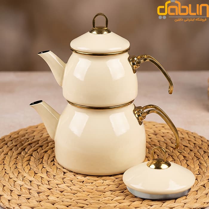 کتری و قوری لعابی کرم شاهین دسته استیل طلایی