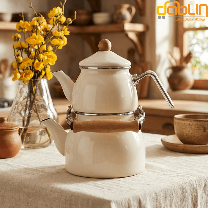 کتری و قوری لعابی شاهین دسته چوبی کرم — تصویر ۷