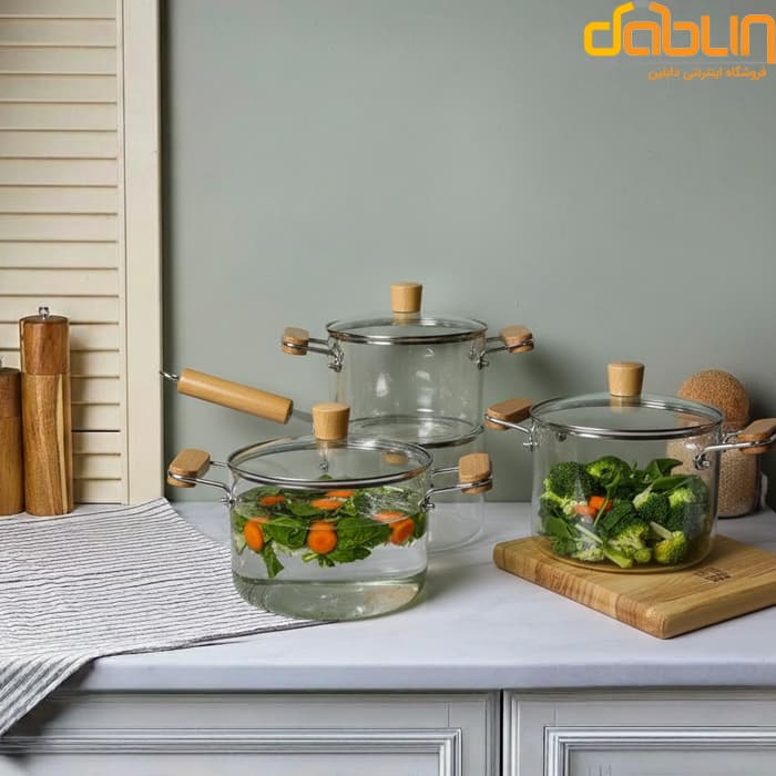 ست قابلمه پیرکس دسته بامبو حرارت‌مستقیم آنتی‌شوک