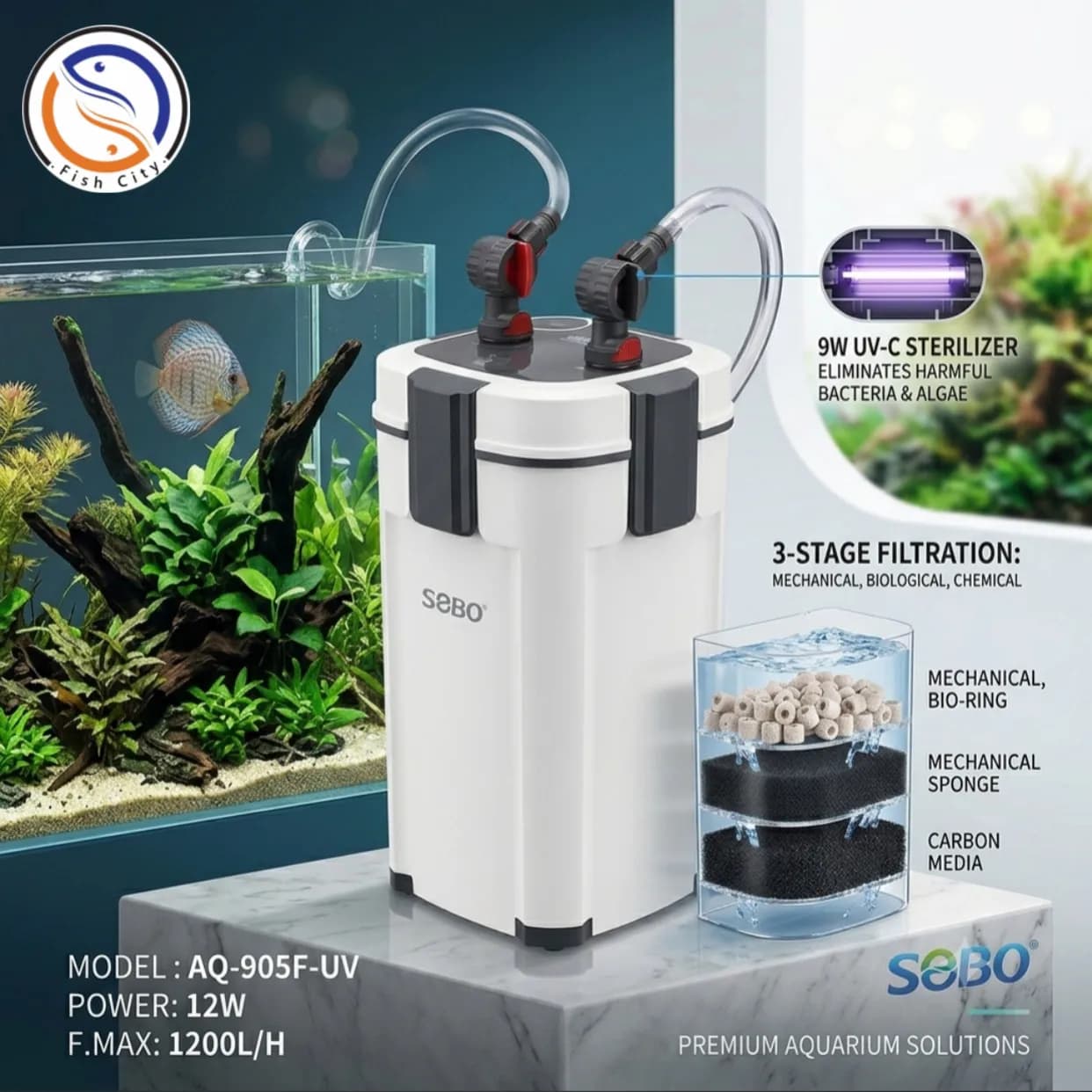 فیلتر سطلی آکواریوم سوبو مدل SOBO AQ-905F-UV (دارای لامپ UV)