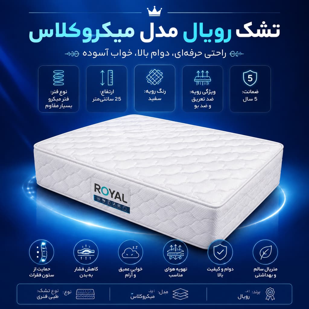 تشک رویال طبی فنری دو نفره مدل میکروکلاس سایز ۱۶۰×۲۰۰ سانتیمتر | تشک رویال با فنر میکرو، کیفیت ممتاز، ارتفاع ۲۵ سانتیمتر و ضمانت ۶۰ ماهه — تصویر ۲