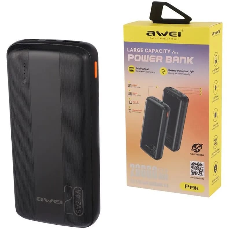 پاور بانک Awei مدل P19K ظرفیت 20000 میلی آمپر ساعت نسخه گلوبال پک اصلی ا Awei P19K 20000mAh Power Bank +کاور چرمی هدیه