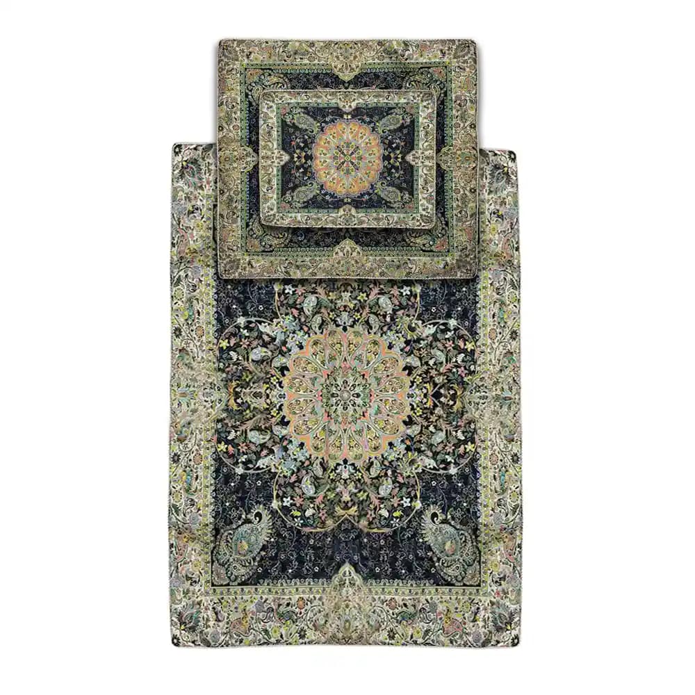 ست سه تکه سجاده و جانماز ترمه زربافت نفیس همادیس طرح افشار سرمه‌ای کد TR05-S