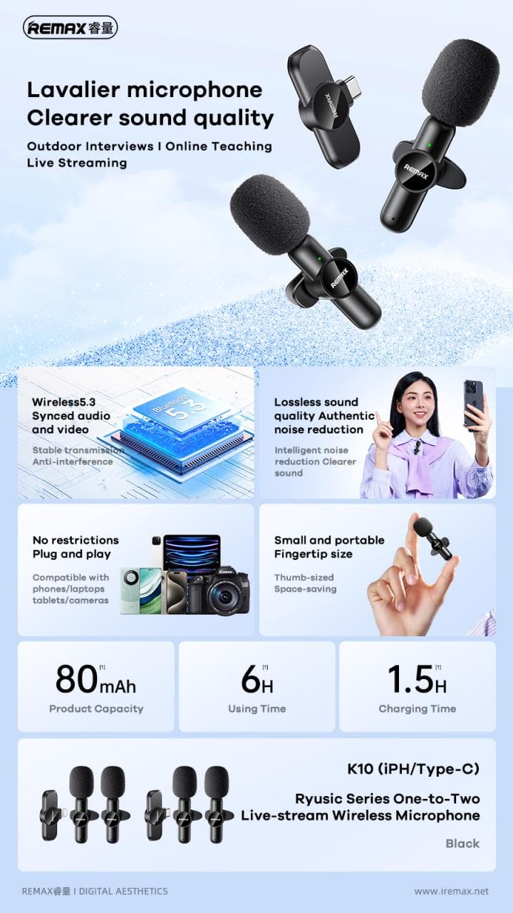 میکروفون بیسیم دوگانه و یقه ای ریمکس مدل IPHK10 — تصویر ۲