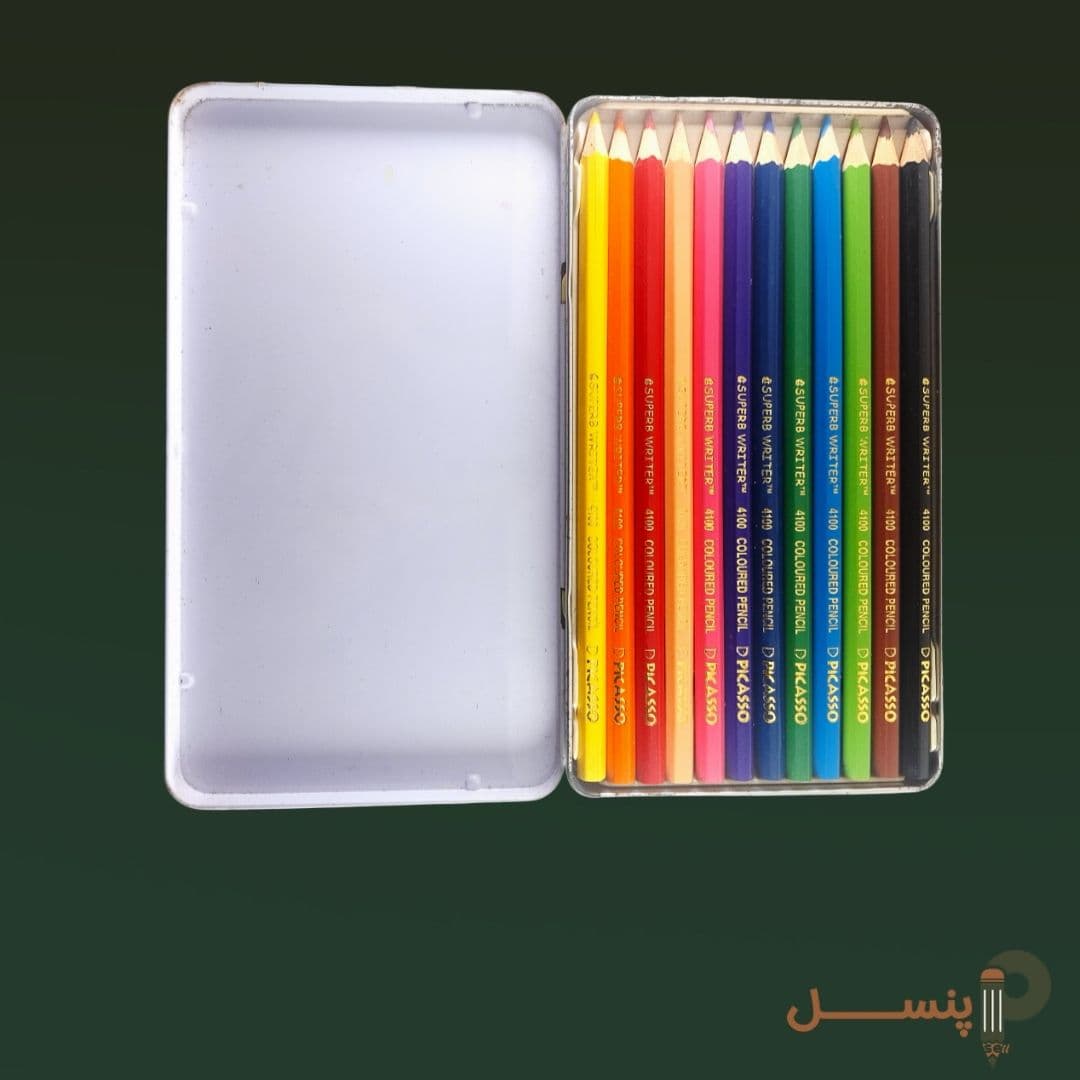 مداد رنگی 12 رنگ جعبه تخت فلزیPicassoمدل 4100 — تصویر ۴