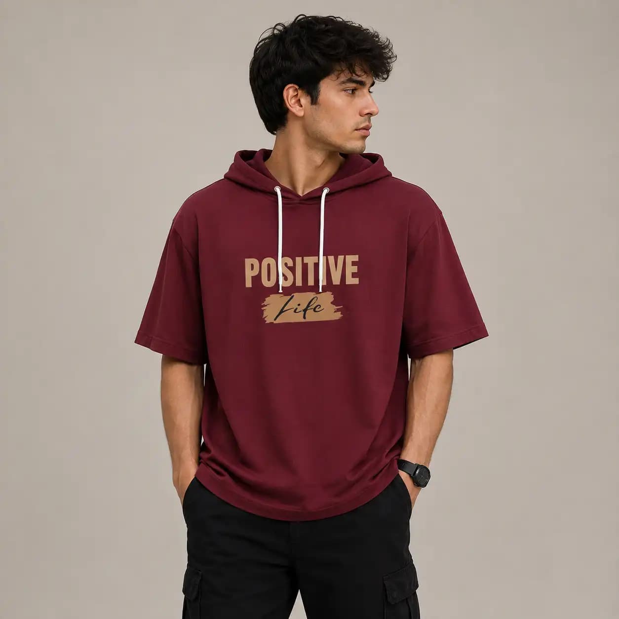 تیشرت کلاهدار نخ پنبه طرح positive در رنگ بندی مختلف