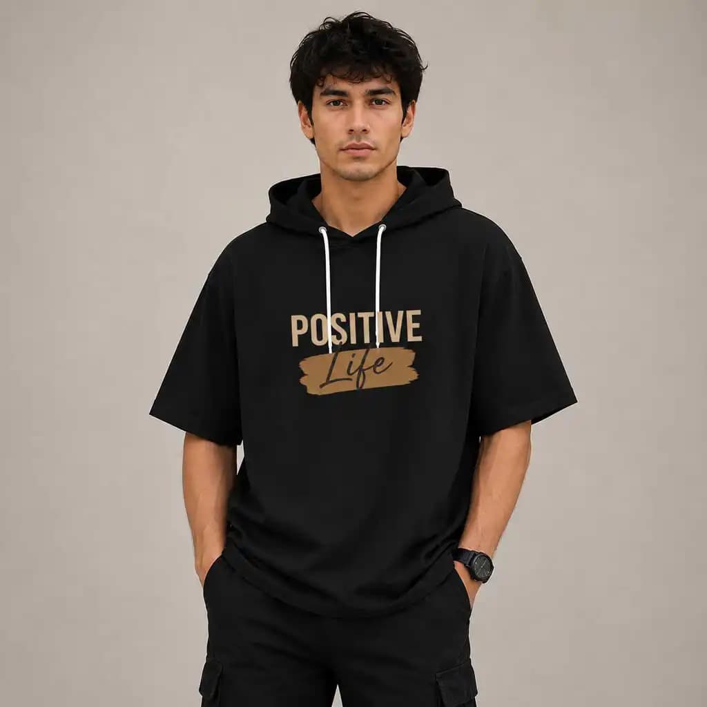 تیشرت کلاهدار نخ پنبه طرح positive در رنگ بندی مختلف — تصویر ۸