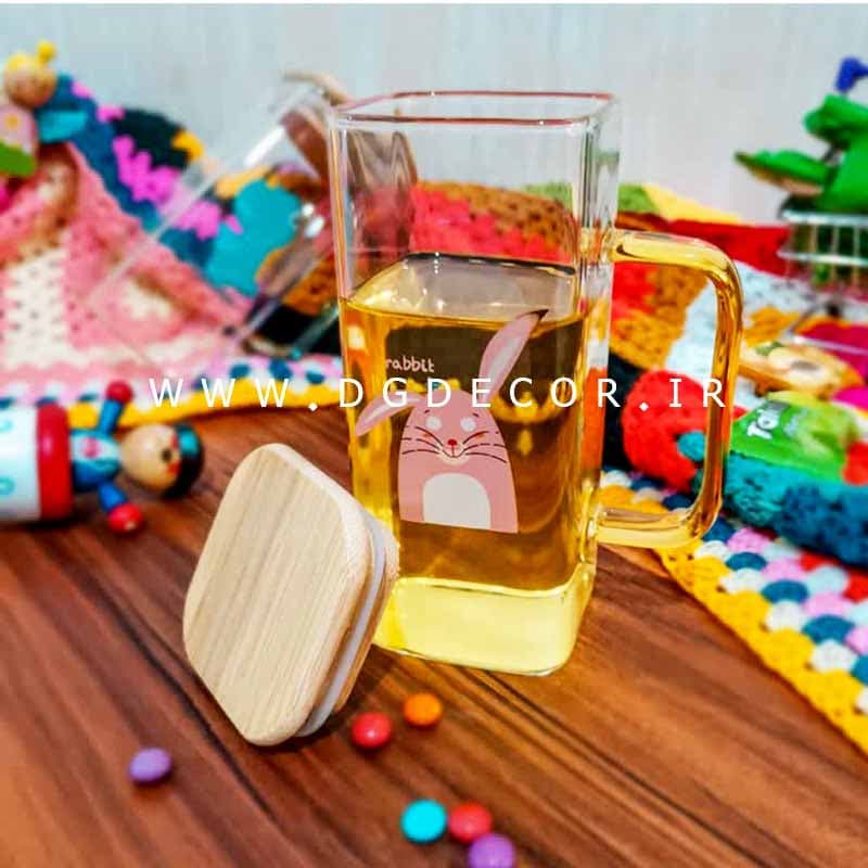 لیوان پیرکس درب بامبو طرح خرگوش حجم 300 میل