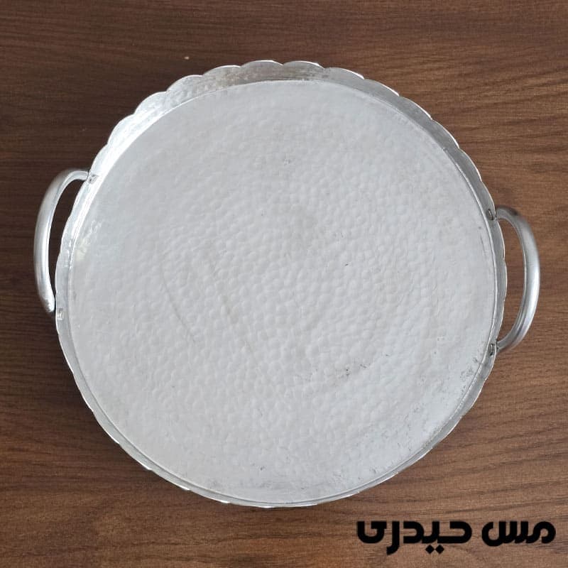 سینی مس سفید قلع شده گرد دسته و پایه دار دست ساز طرح ترمه ( تمام دست ساز)