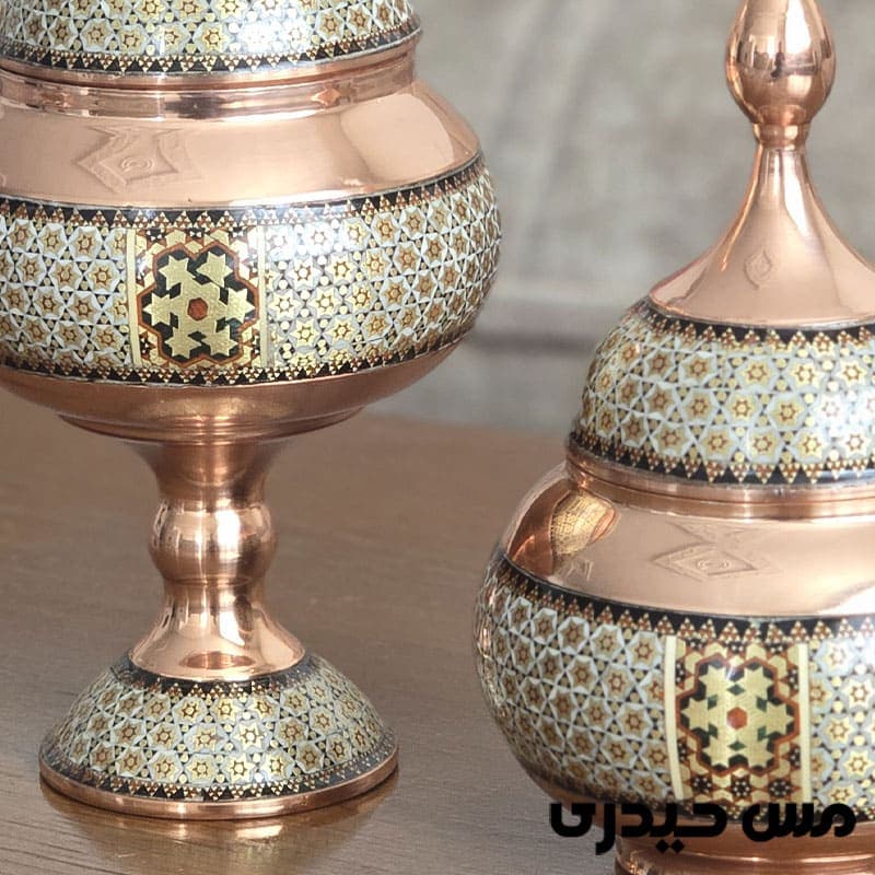 قندان مسی خاتم کاری پایه دار و بدون پایه — تصویر ۶