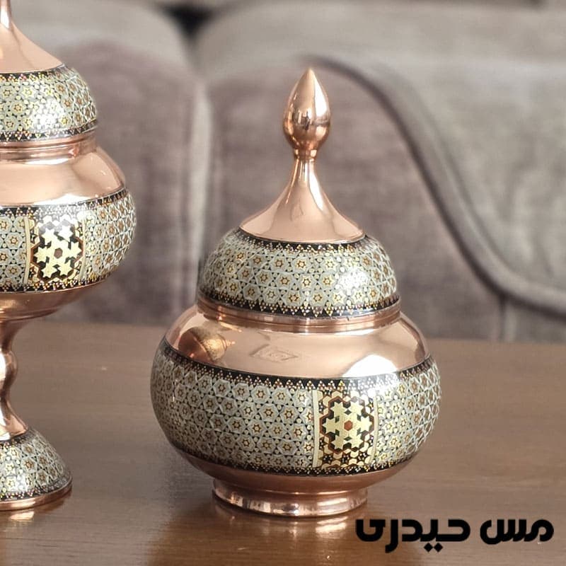 قندان مسی خاتم کاری پایه دار و بدون پایه — تصویر ۲