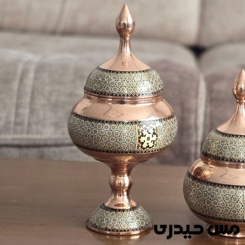 قندان مسی خاتم کاری پایه دار و بدون پایه — تصویر ۳
