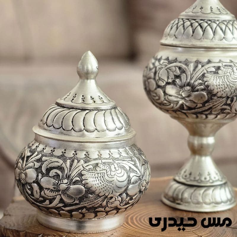 قندان مسی آب نقره قلم کاری شده آذر — تصویر ۳