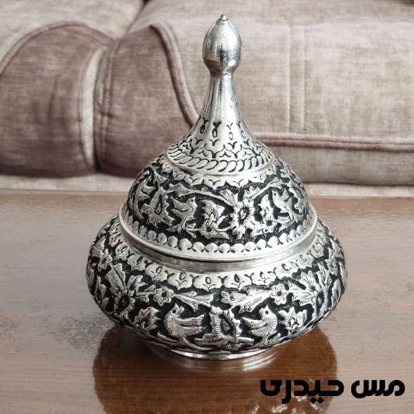شکلات خوری سفینه ای مس سفید لوکس قلم کاری مدل سلنا — تصویر ۲