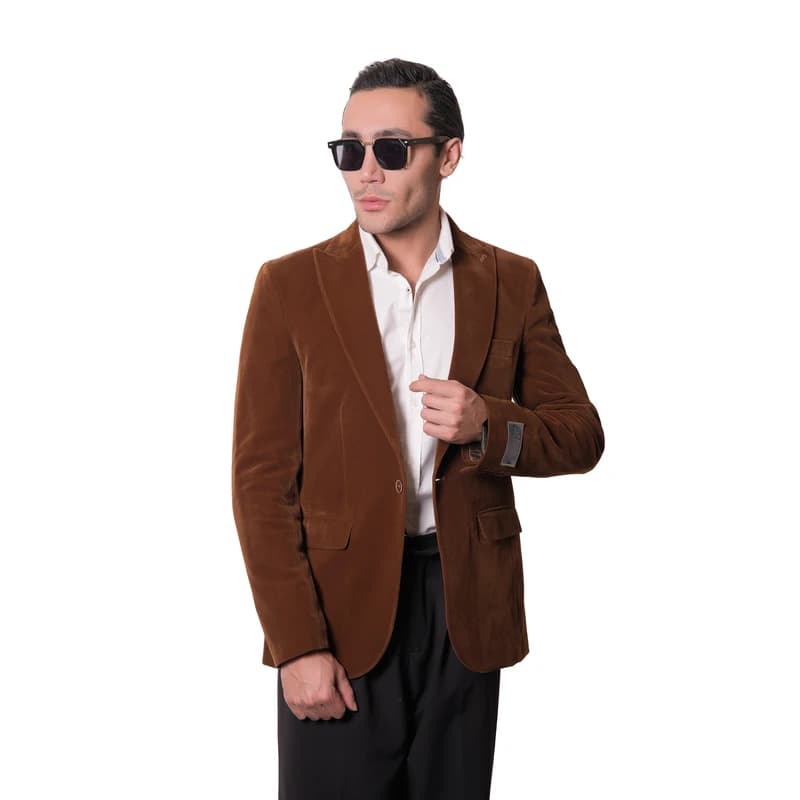 کت تک مردانه مدل مخمل ساده 1-1 رنگ شتری — تصویر ۴