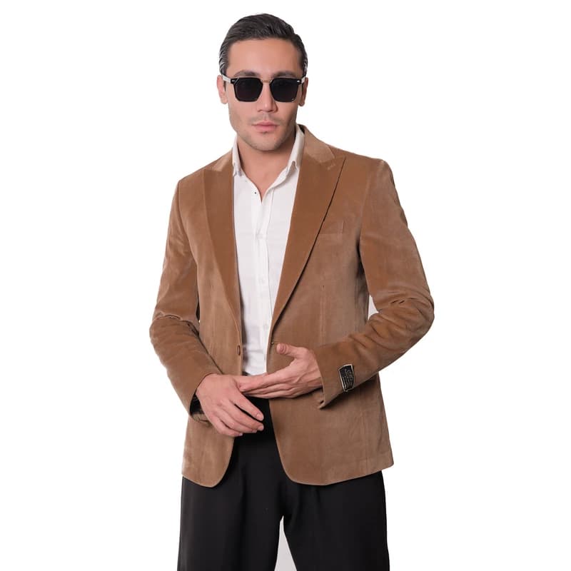 کت تک مردانه مدل مخمل کبریتی 3-3 رنگ شتری — تصویر ۲