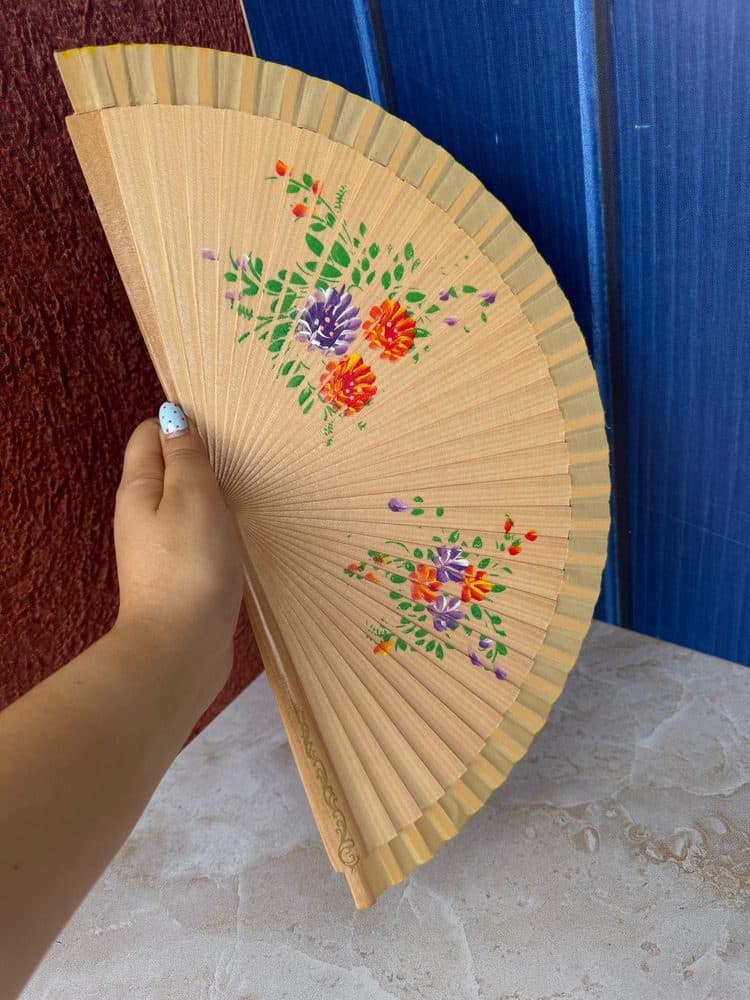 بادبزن چوبی بزرگ طرح گل و برگ | نقاشی روی چوب | تاشو و سوپر لاکچری