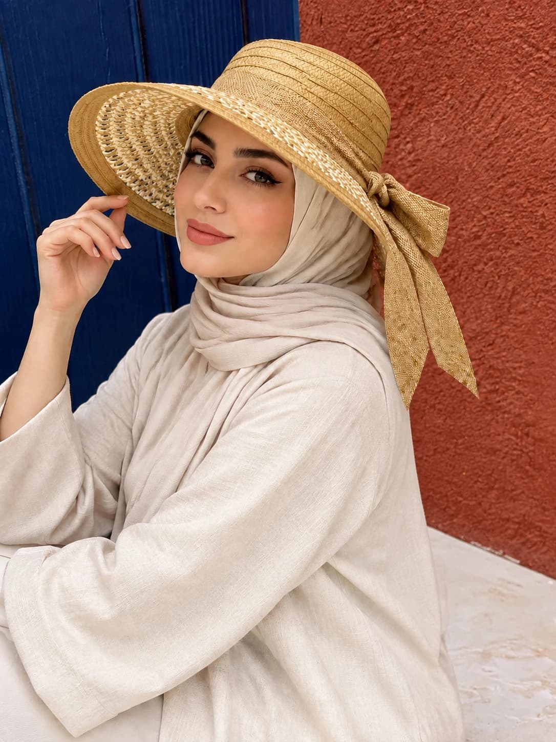 کلاه ساحلی حصیری زنانه قهوه ای سفید با روبان قهوه ای — تصویر ۳