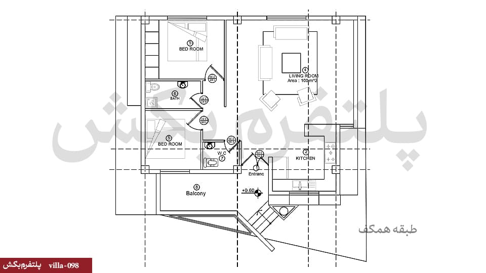 نقشه ویلا فلت دوخوابه【100 متری】villa-098 — تصویر ۳