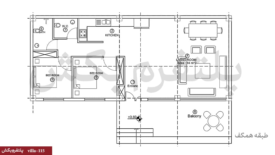 نقشه ویلا فلت دوخوابه【94 متری】villa-115 — تصویر ۴