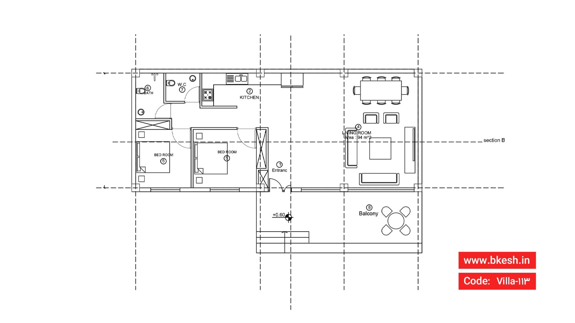 نقشه ویلا فلت دوخوابه【94 متری】villa-113 — تصویر ۴
