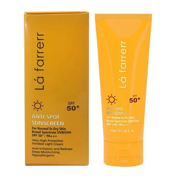 کرم ضد آفتاب و ضد لک بی رنگ لافارر SPF50 مخصوص پوست معمولی تا خشک حجم 40 میلی لیتر/Lafarrerr Anti Spot Sunscreen SPF50 For Normal To Dry Skin 40 ML