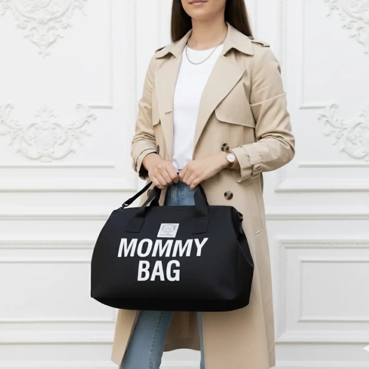 مامی بگ زنانه مشکی با چاپ سفید MOMMY BAG