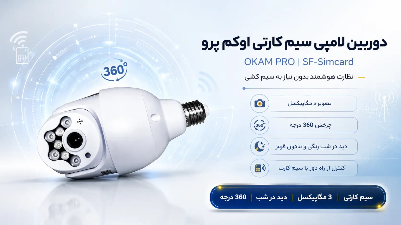 دوربین لامپی سیم کارتی اوکم پرو SF-Simcard؛ نظارت هوشمند بدون نیاز به سیم کشی