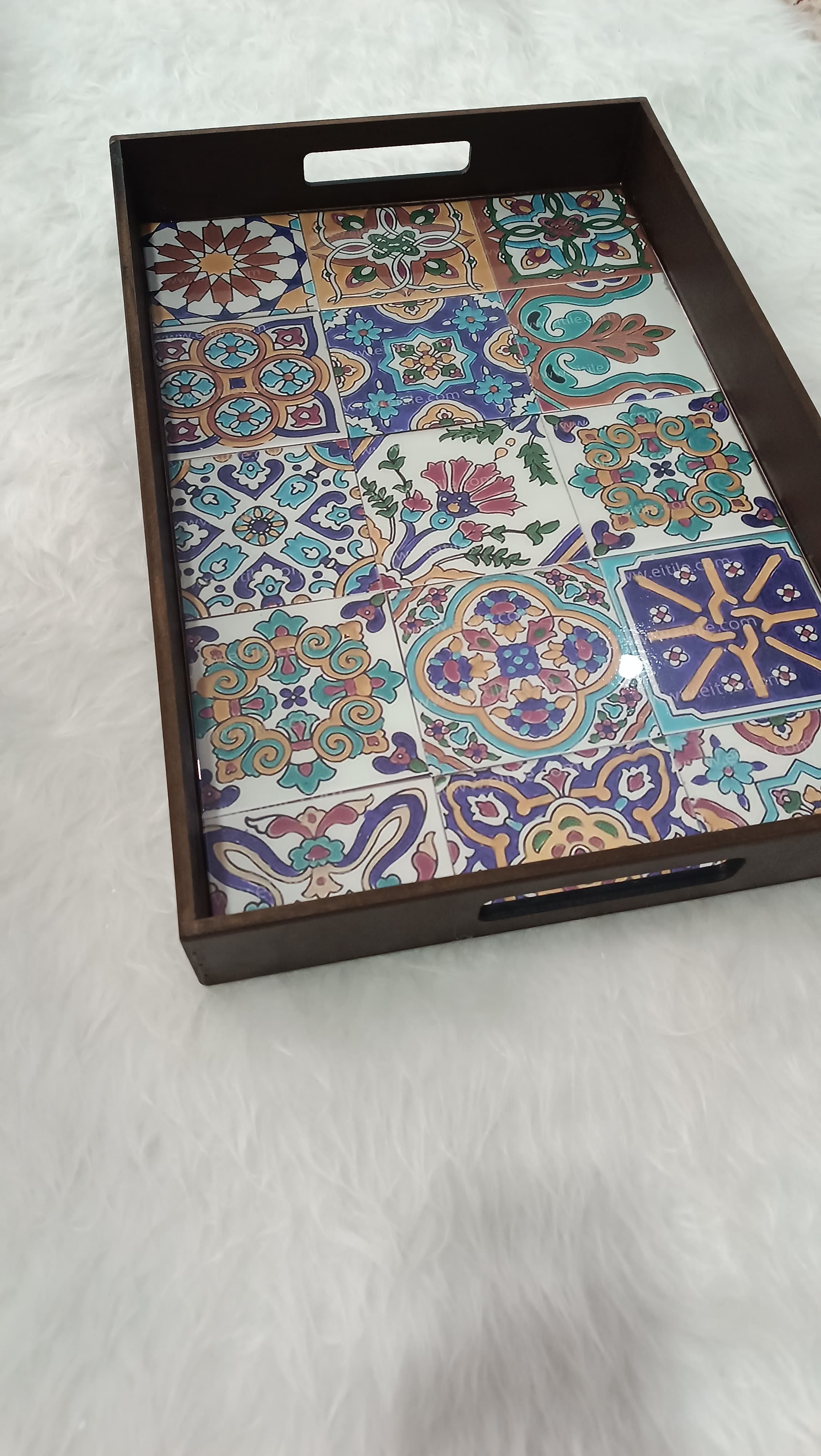 سینی چوبی رزینی طرح کاشی کاری