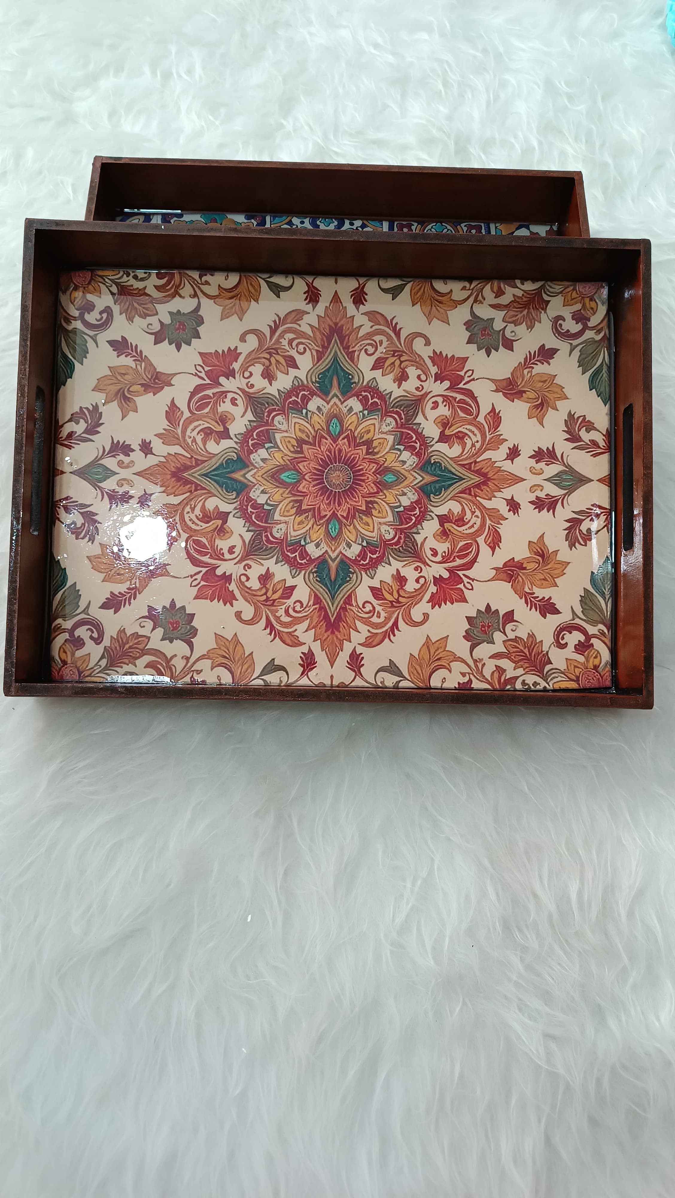 سینی چوبی رزینی جذاب طرح خورشید