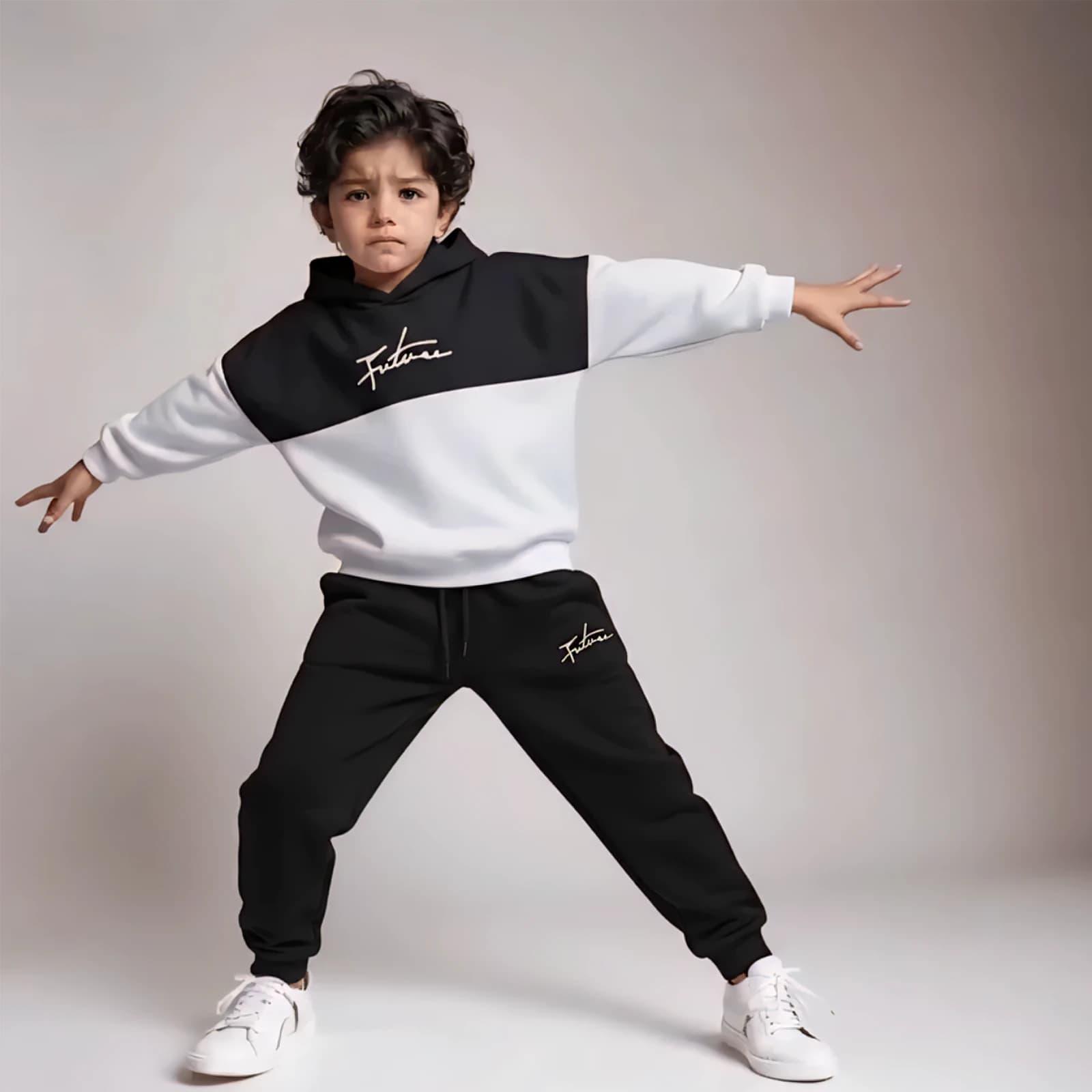 ست هودی و شلوار بچگانه اسپرت مدل Future رنگ سفید مشکی(3-8سال) — تصویر ۲